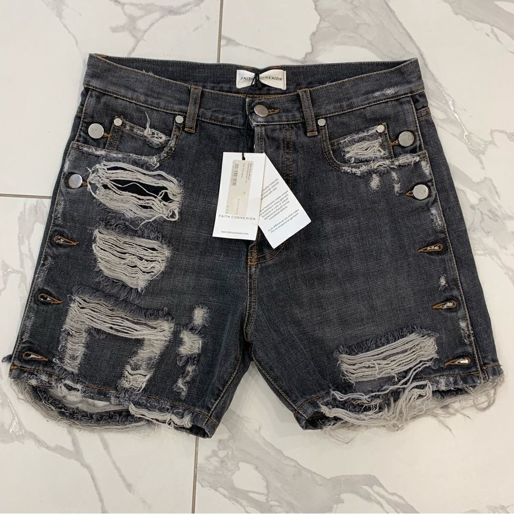 Faith Connexion Denim Shorts Women’s 24 Black Distressed Both Side Button NWT